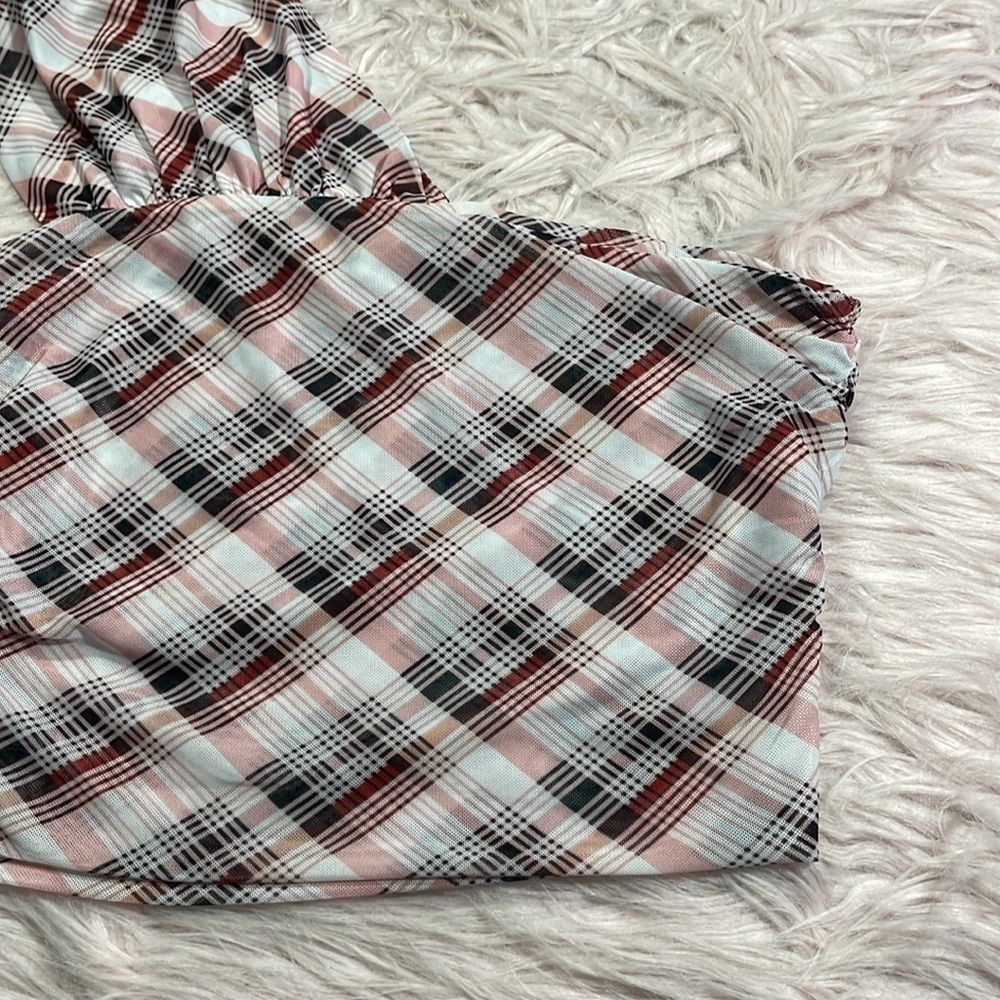 Verge Girl Day Trippers Plaid Mesh Pink One Shoulder Top - Picture 7 of 9